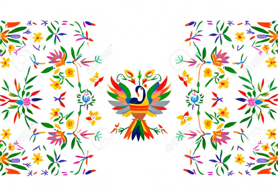 Mexicaanse traditionele textiel borduurstijl uit Tenango City, Hidalgo, Mexico. Floral Compositie Template met vogels, Peacock, kleurrijke naadloze frame geïsoleerde samenstelling of witte achtergrond
