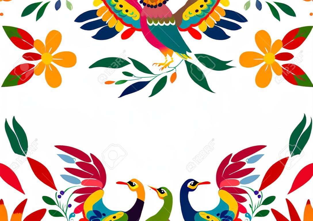 Style de broderie textile traditionnel mexicain de Tenango City, Hidalgo, Mexique. Copiez la composition florale de l'espace avec les oiseaux, le paon, la composition isolée du cadre transparent coloré ou le fond blanc