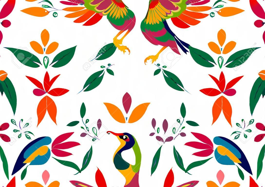 Style de broderie textile traditionnel mexicain de Tenango City, Hidalgo, Mexique. Copiez la composition florale de l'espace avec les oiseaux, le paon, la composition isolée du cadre transparent coloré ou le fond blanc