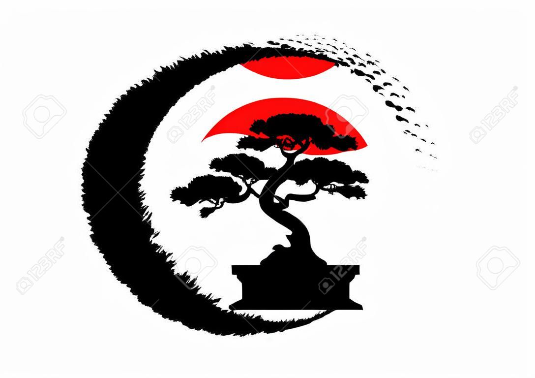Japanisches Bonsai-Baum-Logo, schwarze Pflanzensilhouette-Symbole auf weißem Hintergrund, grüne Ökologie-Silhouette von Bonsai und roter Sonnenuntergang. Detailliertes Bild. Bio-Natur-Konzept. Japanische Flaggensymbol. Vektor isoliert