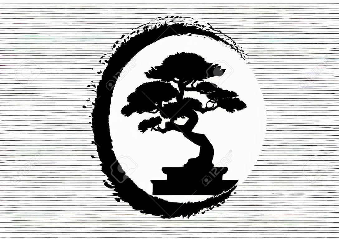 Japanisches Bonsai-Baum-Logo, schwarze Pflanzensilhouette-Symbole auf weißem Hintergrund, grüne Ökologie-Silhouette von Bonsai und roter Sonnenuntergang. Detailliertes Bild. Bio-Natur-Konzept. Japanische Flaggensymbol. Vektor isoliert
