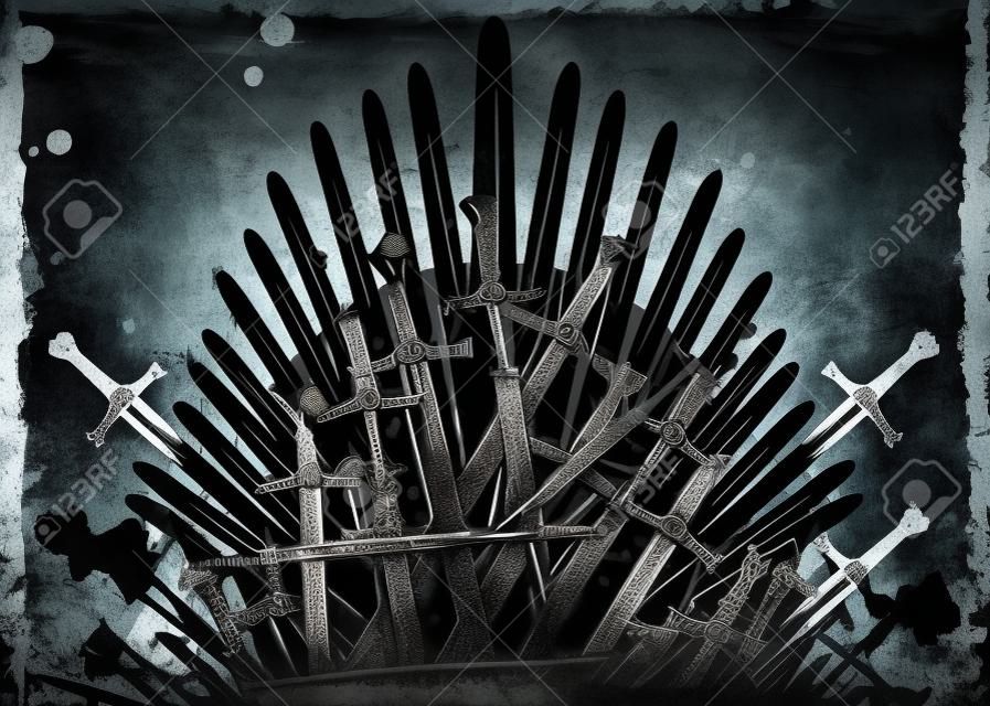 Thrones Fantasy-Konzept. Handgezeichneter Eisenthron von Westeros aus antiken Schwertern oder Metallklingen. Zeremonieller Stuhl aus Waffen dunklem Pinsel Textur Hintergrund. Vektorgrungy Designelementrahmen