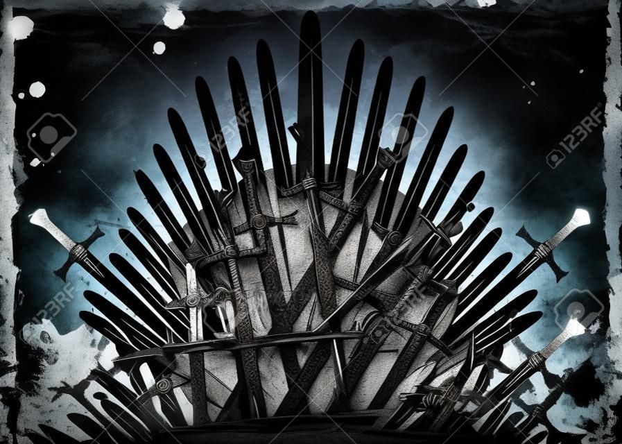 Thrones Fantasy-Konzept. Handgezeichneter Eisenthron von Westeros aus antiken Schwertern oder Metallklingen. Zeremonieller Stuhl aus Waffen dunklem Pinsel Textur Hintergrund. Vektorgrungy Designelementrahmen