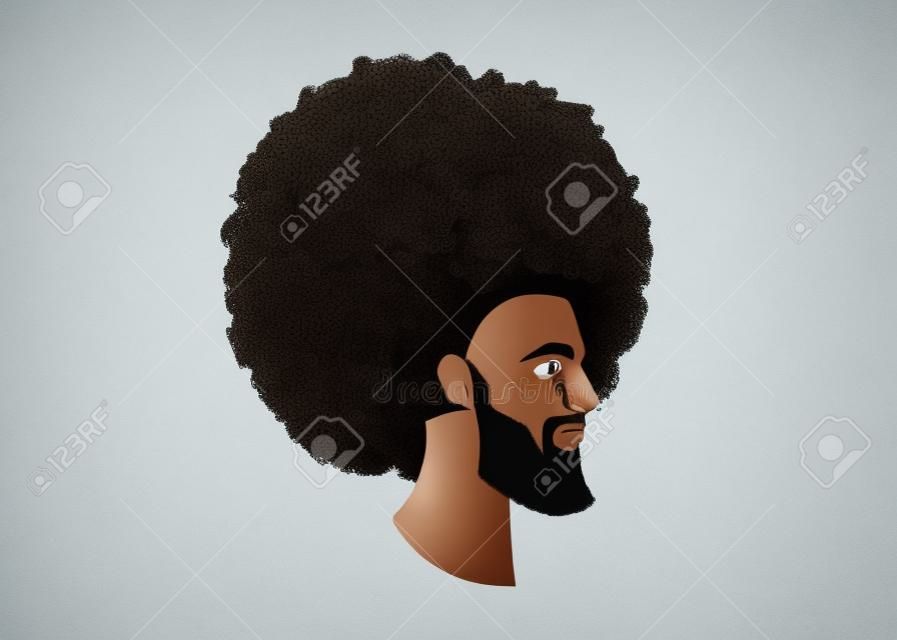 アフロカーリーデザイン、理髪店と髪型と黒人の肖像画。ひげ、口ひげ、わきがを持つ健康な若い黒人男性。白い背景にレーパーの孤立したアバター