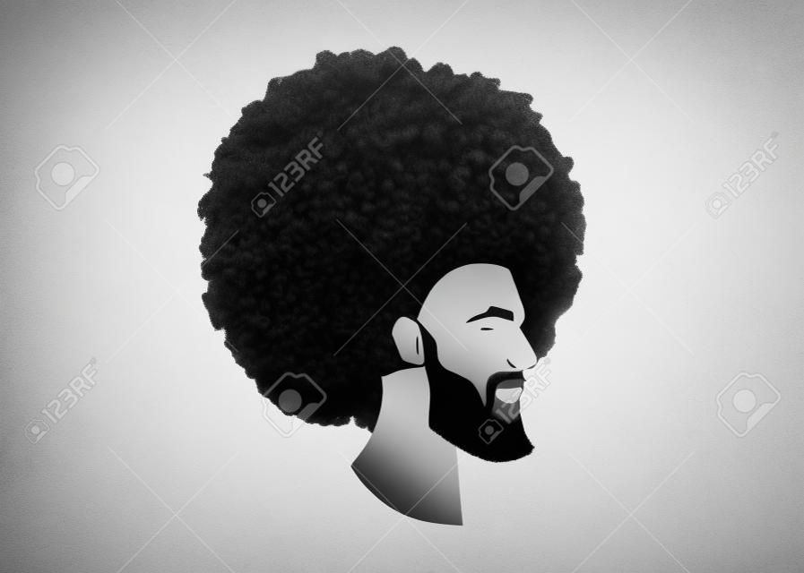 アフロカーリーデザイン、理髪店と髪型と黒人の肖像画。ひげ、口ひげ、わきがを持つ健康な若い黒人男性。白い背景にレーパーの孤立したアバター
