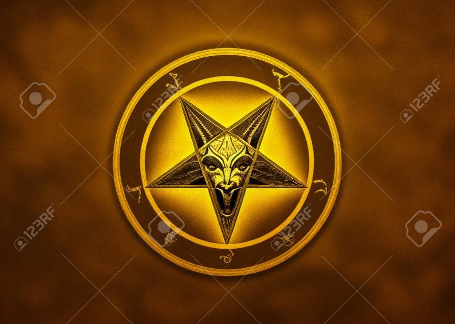 Le Golden Sigil of Baphomet original Goat Pentagram sur un symbole satanique sanglant