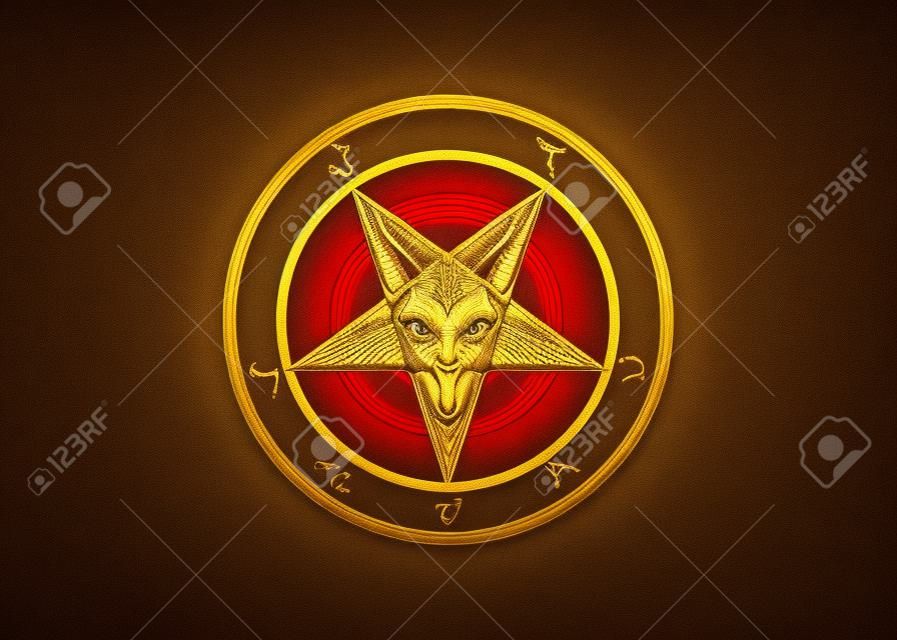 Le Golden Sigil of Baphomet original Goat Pentagram sur un symbole satanique sanglant