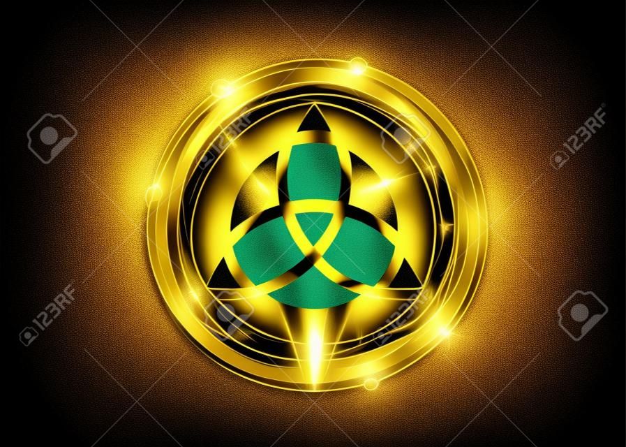 Triquetra geometric, Gold shiny round with Trinity Knot, Wiccan symbol for protection. Vector Celtic trinity knot isolated on black background. Wiccan Ancient occult divination symbol