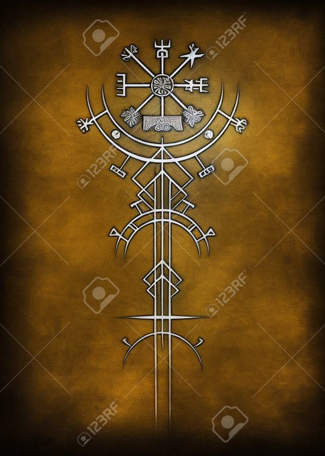 Magischer alter Wikinger-Art-Deco, Vegvisir magischer Navigationskompass uralt. Die Wikinger verwendeten viele Symbole in Übereinstimmung mit der nordischen Mythologie, die in der Wikingergesellschaft weit verbreitet sind. Symbol Wicca esoterisches Zeichen