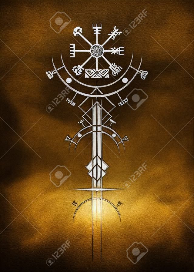 Magischer alter Wikinger-Art-Deco, Vegvisir magischer Navigationskompass uralt. Die Wikinger verwendeten viele Symbole in Übereinstimmung mit der nordischen Mythologie, die in der Wikingergesellschaft weit verbreitet sind. Symbol Wicca esoterisches Zeichen