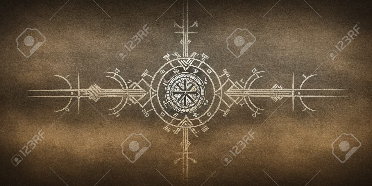 Magiczny starożytny wiking w stylu art deco, magiczny kompas nawigacyjny vegvisir starożytny. Wikingowie używali wielu symboli zgodnie z mitologią nordycką, powszechnie używaną w społeczeństwie wikingów. logo ikona wiccan ezoteryczny znak