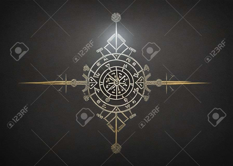 Magiczny starożytny wiking w stylu art deco, magiczny kompas nawigacyjny vegvisir starożytny. Wikingowie używali wielu symboli zgodnie z mitologią nordycką, powszechnie używaną w społeczeństwie wikingów. logo ikona wiccan ezoteryczny znak