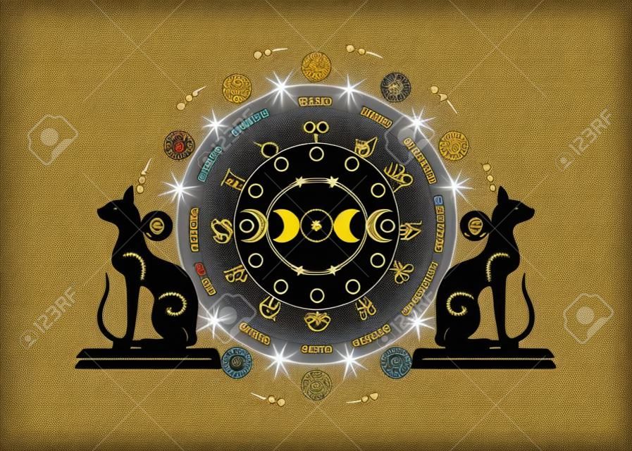 wheel of the zodiac signs Egyptian black cats and triple moon, pagan Wiccan goddess symbol, sun system, moon phases, orbits of planets, energy circle. Vector isolated on white background