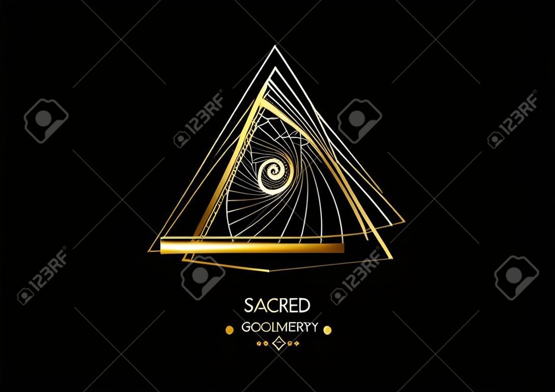 triangles according to fibonacci series and golden ratio. Sequence golden section, divine proportion and shiny gold geometric spiral. Sacred Geometry logo vector isolated on black background