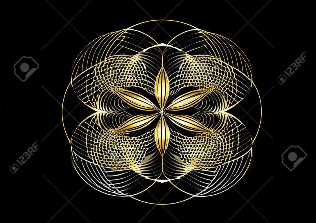 生命の種のシンボル神聖幾何学。ゴールドのロゴアイコン錬金術の難解なフラワーオブライフの幾何学的な神秘的なマンダラ。織り交ぜられた黒い円、黒い背景で隔離のベクトル神の瞑想のお守り