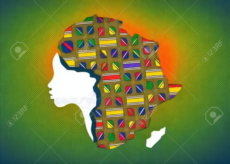 Concept of African woman, face profile silhouette with turban in the shape of a map of Africa. Colorful Afro print fabric, tribal logo design template Vector illustration isolated on white background