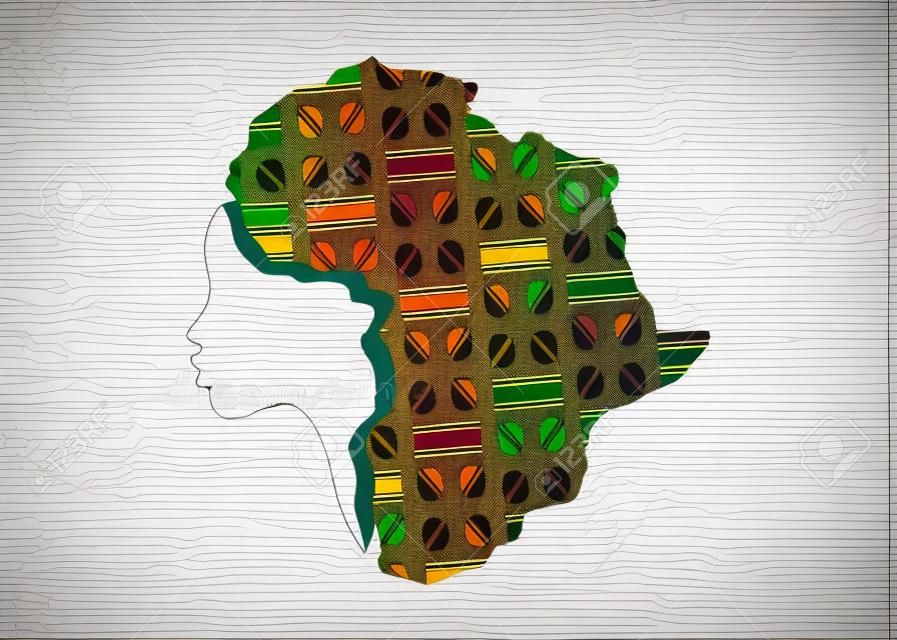 Concept de femme africaine, silhouette de profil de visage avec turban en forme de carte de l'Afrique. Tissu imprimé Afro coloré, modèle de conception de logo tribal Illustration vectorielle isolée sur fond blanc