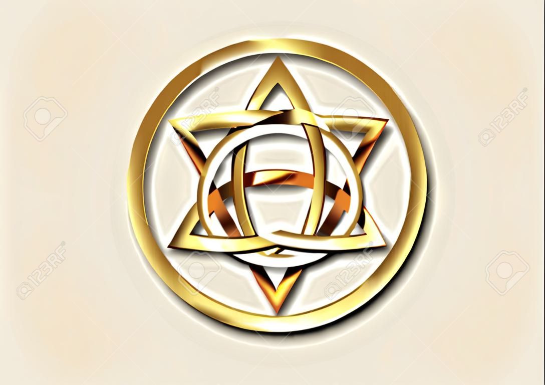 The Grand Seal of gold Triquetra with Triangle and bronze Circle logo, Luxury Metallic round Trinity Knot, Pagan Celtic symbol Triple Goddess. Wicca sign, book of shadows, vector isolated on white