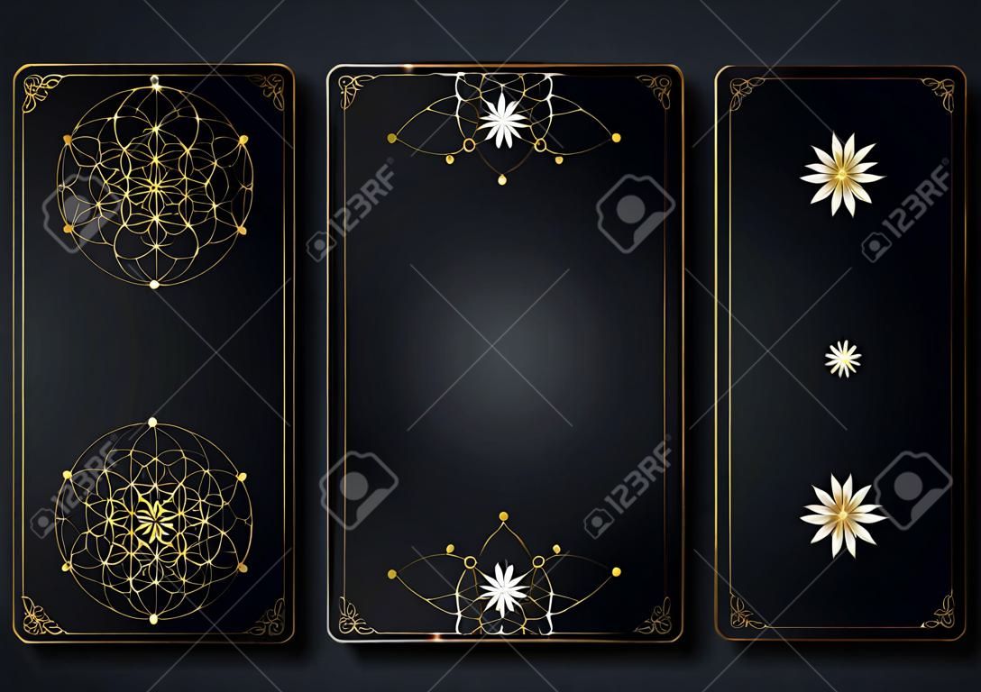 Set magical tarot cards, gold magic occult sacred geometry sign, esoteric boho spiritual symbols, Flower of Life. Luxury Seed of life sacred mandala. Vector collection golden luxury background