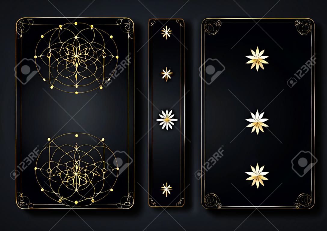 Set magical tarot cards, gold magic occult sacred geometry sign, esoteric boho spiritual symbols, Flower of Life. Luxury Seed of life sacred mandala. Vector collection golden luxury background