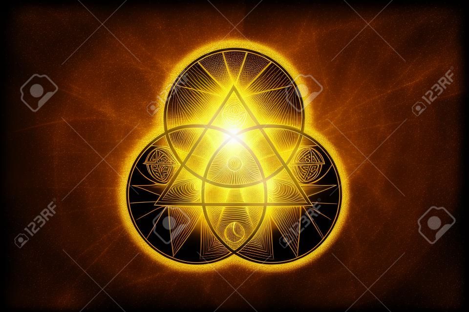 Gold Sacred Geometry, Triangle logo and overlapping circles, Triquetra Trinity Knot symbol, Triple Goddess, rays of light. Wicca sign, book of shadows, Vector divination isolated on black background