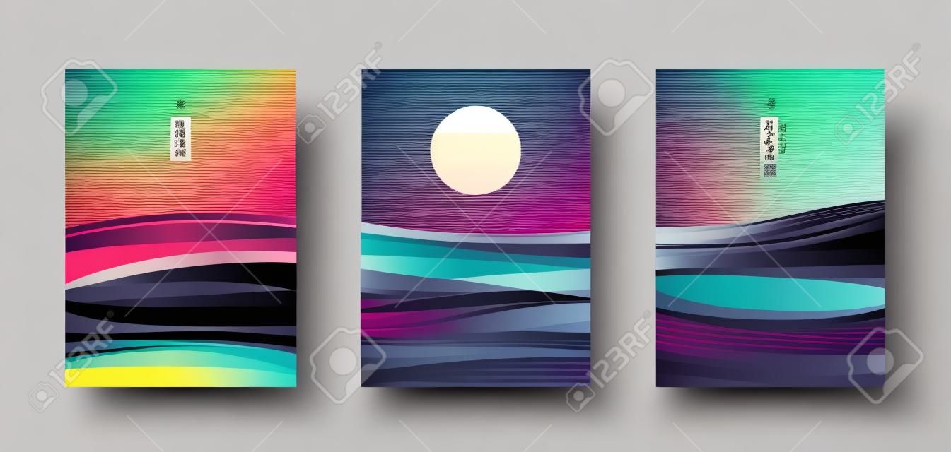 Ilustración de vector de patrón de onda de línea negra de tarjetas de juego de fondo de paisaje japonés. Plantilla de textura ondulada geométrica abstracta colorida. Diseño de diseño de montaña en estilo oriental, folleto vertical.