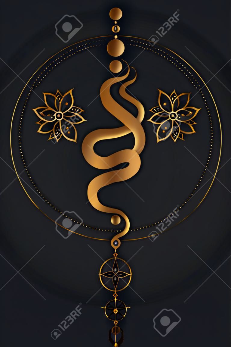 Serpente mística mágica, fases da lua. Geometria sagrada, símbolo de deusa wicca pagã de luxo de ouro. Sinal de bandeira de wicca de ouro antigo, círculo de energia de flores de lótus, estilo boho, vetor isolado no fundo preto