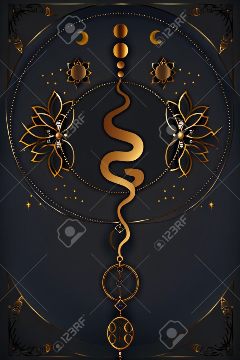 Magic mystic Snake, Moon Phases. Sacred geometry, gold luxury pagan Wiccan goddess symbol. Old golden wicca banner sign, Lotus flowers energy circle, boho style, vector isolated on black background