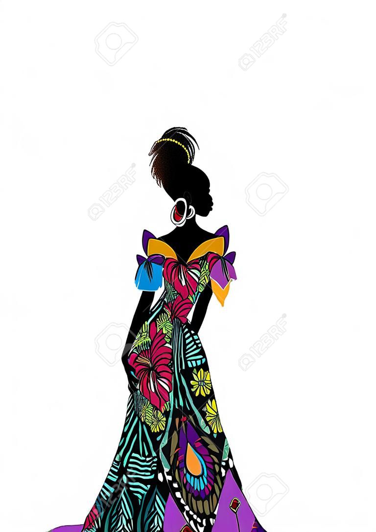Beautiful African woman in typical afro clothing and headdress ethnic turban, ankara wax print textile for traditional wedding ceremony. Vector isolated on white background