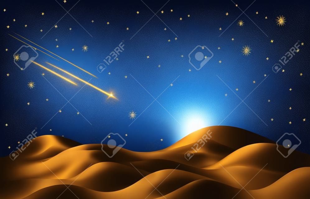 Falling stars background, shooting star landscape with dark blue starry night sky, dunes scenery in Christmas night for the birth of Jesus Christ. Vector illustration for banner, brochure, template
