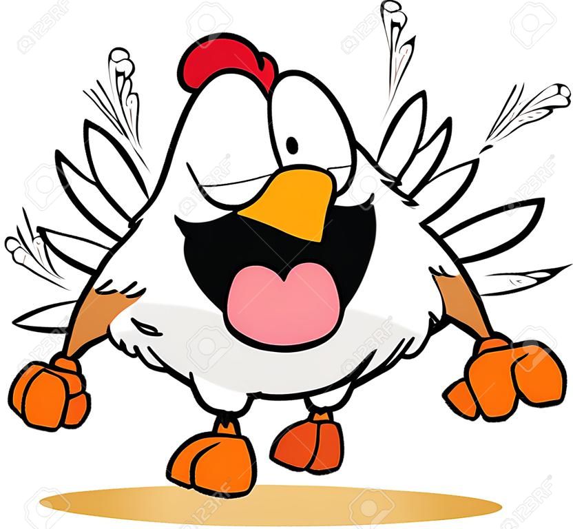 Cartoon white chicken in a frantic panic, feathers flying 