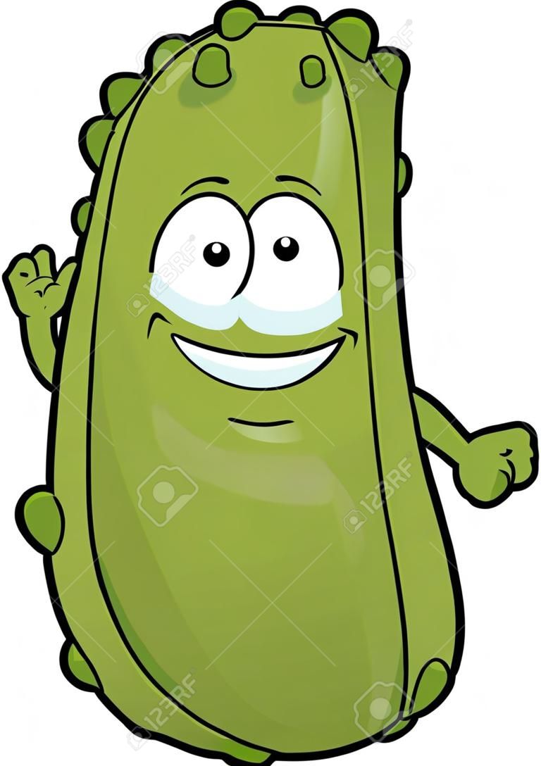 Cartoon illustration of a dill pickle with a big grin. 