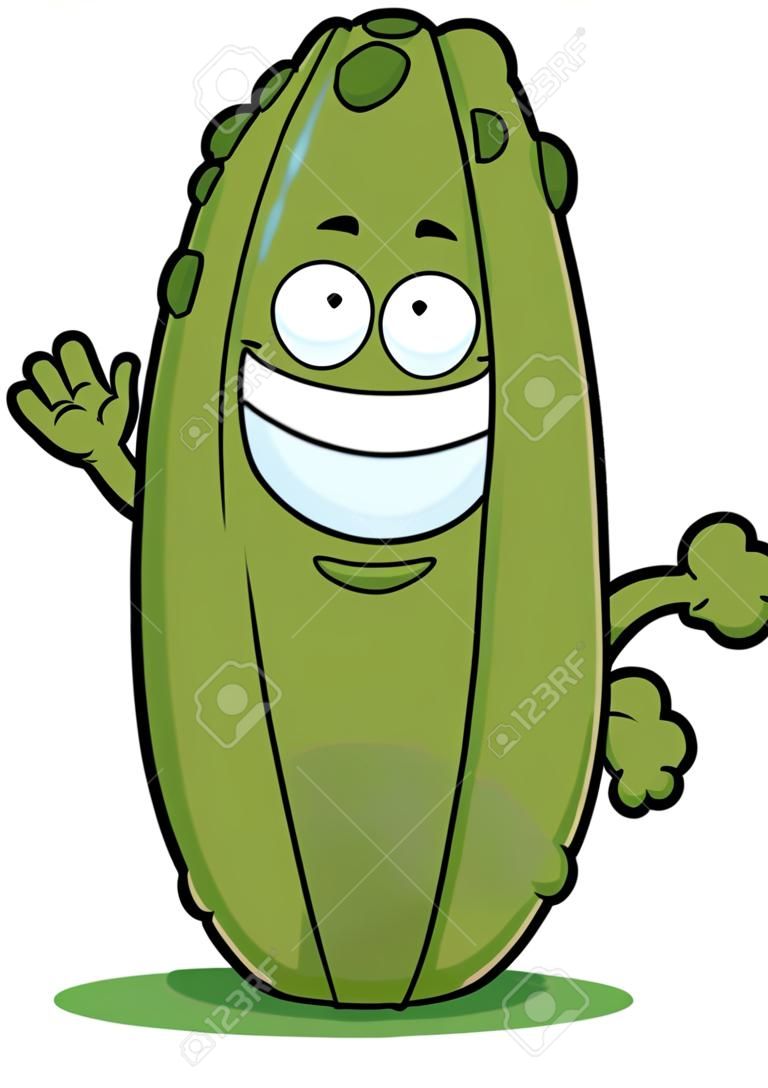 Cartoon illustration of a dill pickle with a big grin. 