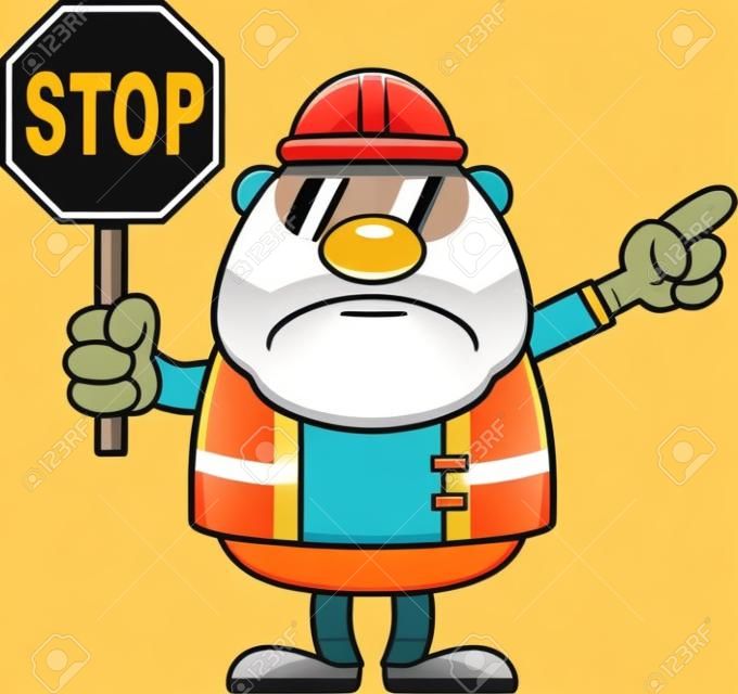 Ilustracja kreskówka robotnik budowlany trzymający znak stopu i wskazujący.