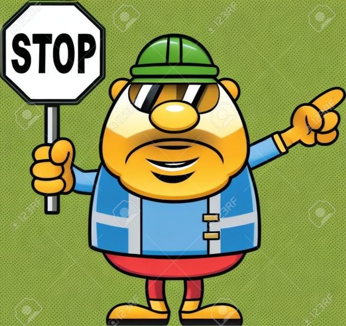 Cartoon illustration of a construction worker holding a stop sign and pointing.