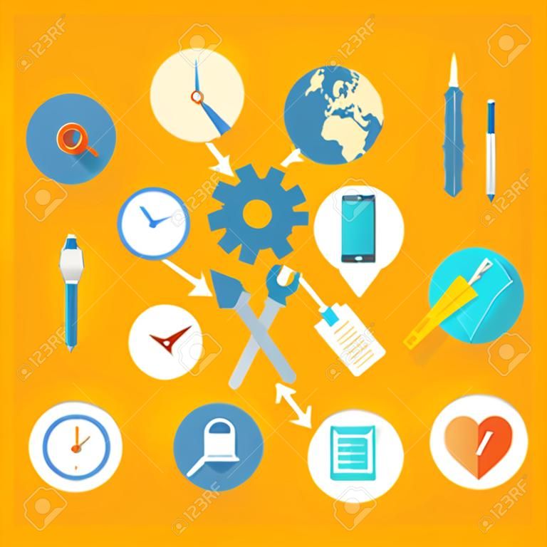 Set for web and mobile applications of office work. Service concept with item icons