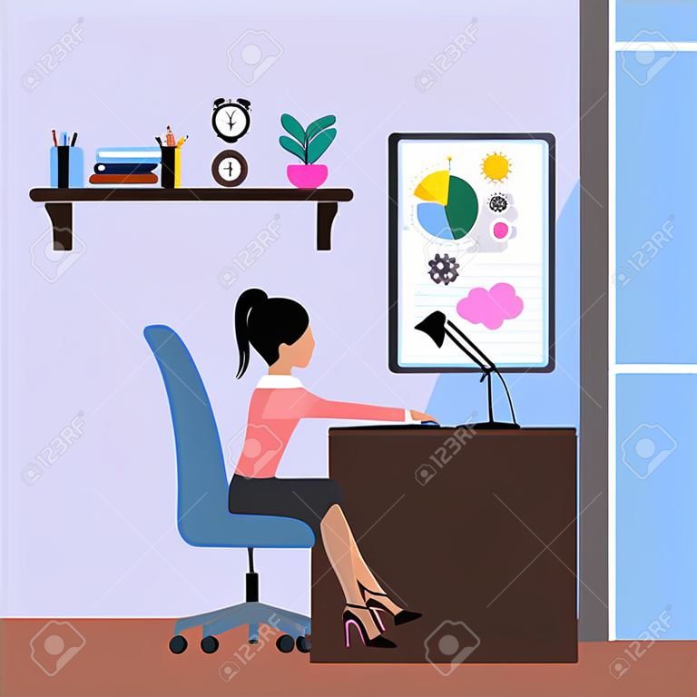 Mujer chica sentada en silla en la mesa delante de monitor de la computadora y el estilo de diseño plano de dibujos animados. Vista lateral de la mujer oficinista que usa el ordenador en el escritorio en la oficina cerca de la ventana