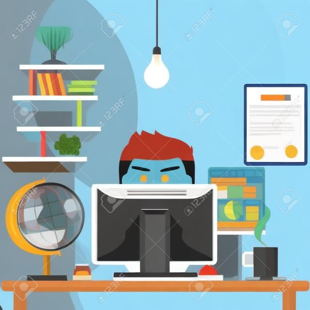 Homem sentado na cadeira à mesa na frente do monitor do computador e brilhante estilo cartoon design plano de lâmpada