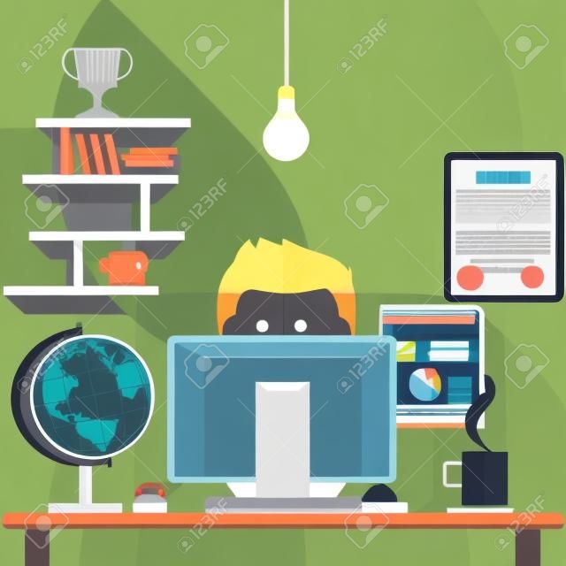 Человек, сидя на стуле за столом в передней части монитора компьютера и блестящие лампы мультфильм плоским стиль дизайна
