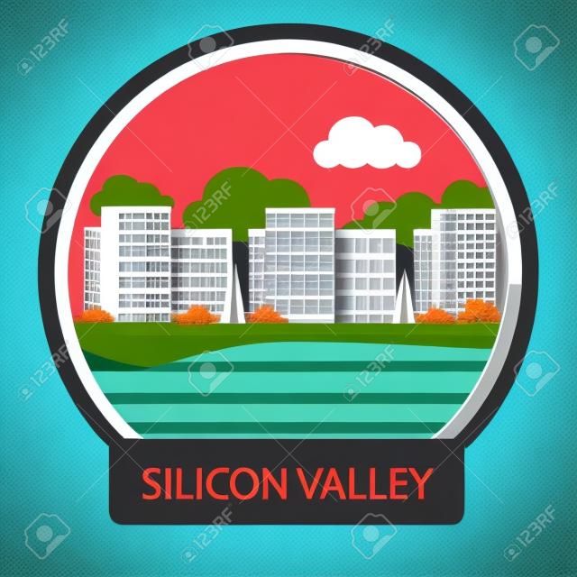 Silicon Valley sign. Office building in Silicon Valley. Poster concept in cartoon style with text