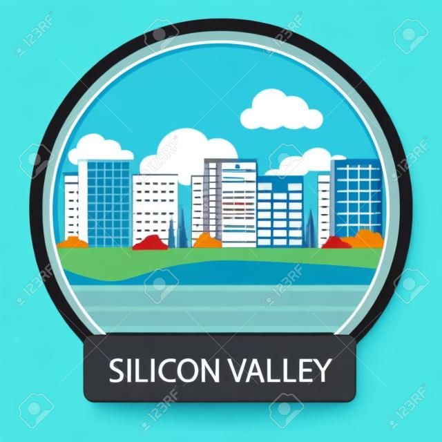 Silicon Valley znak. Budynek biurowy w Dolinie Krzemowej. Koncepcja plakatu w stylu cartoon z tekstem