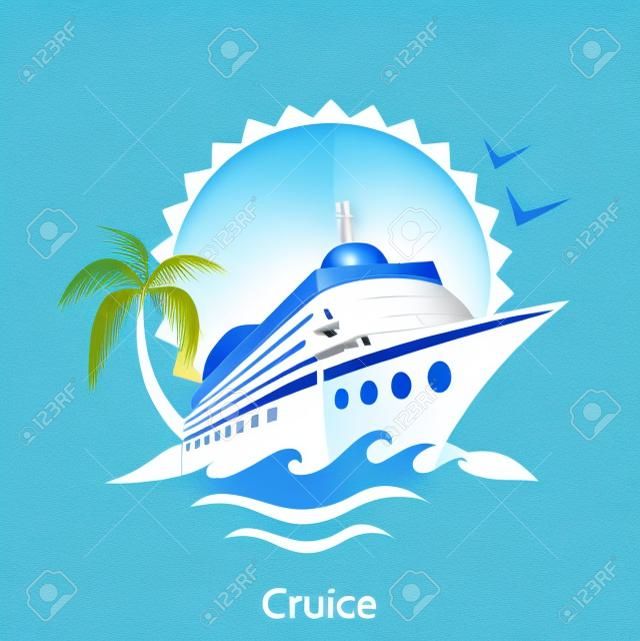 Cruise ship in clear blue water with palm tree