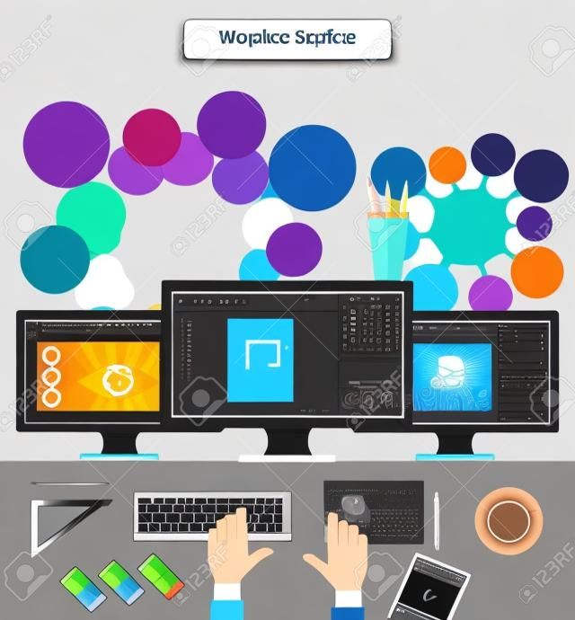 Workspace-Grafik-Design-Monitor Tablet Tastatur. Computer und Schreibtisch, Büroarbeit, Desktop und Gerät, Tisch und Kaffee, Smartphone und Workstation-Darstellung