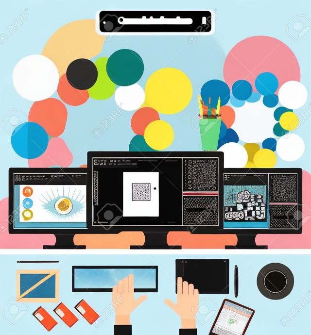 Workspace-Grafik-Design-Monitor Tablet Tastatur. Computer und Schreibtisch, Büroarbeit, Desktop und Gerät, Tisch und Kaffee, Smartphone und Workstation-Darstellung