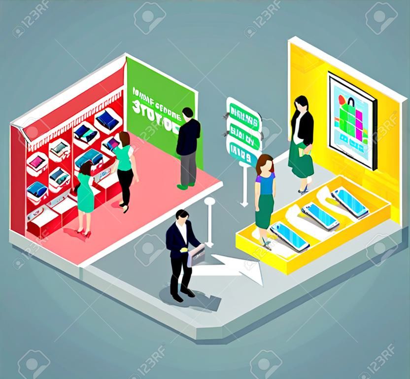 Isometric 3d mobile store design. Mobile shopping, electronics store, phone store, mobile phone store, shop and buy, sale electronic, purchase product illustration