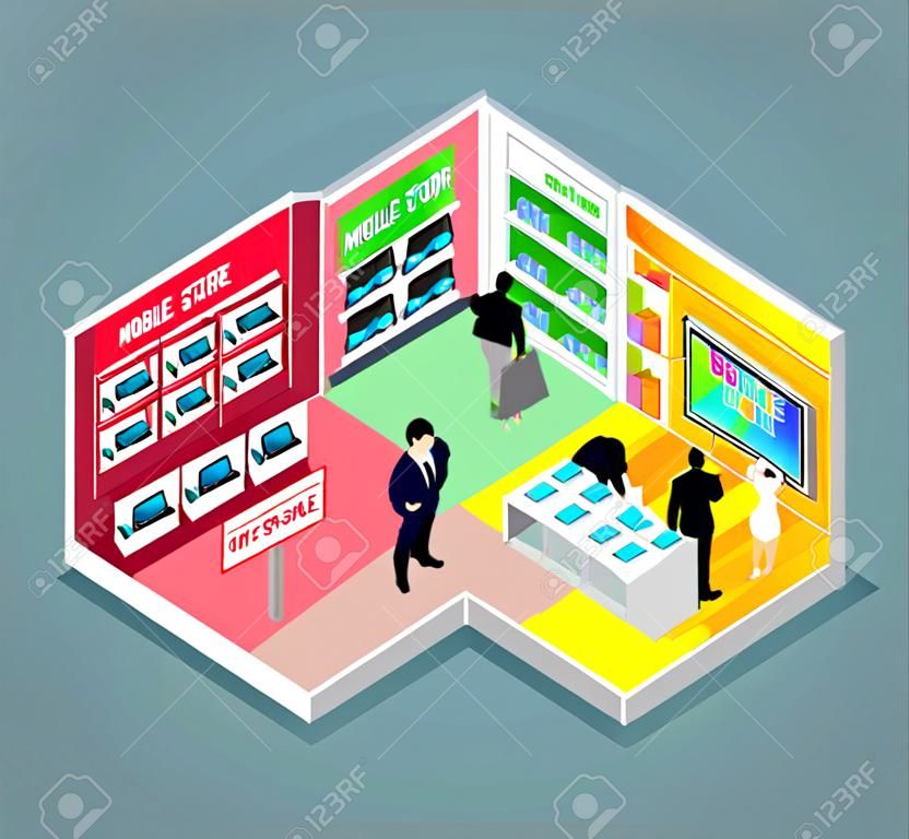 Izometrycznej 3d projektowanie sklepu mobilnego. Komórka zakupy, sklep elektroniczny, sklep telefonu, telefonu komórkowego sklep, sklep i kupić, sprzedaż elektroniczna, ilustracja zakupu produktu