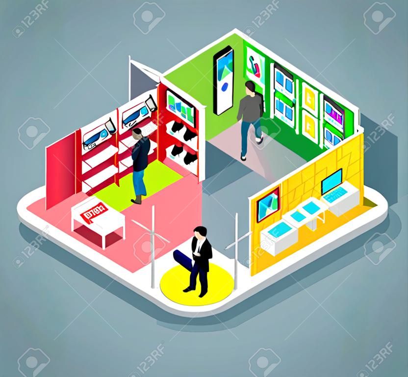 Isometric 3d mobile store design. Mobile shopping, electronics store, phone store, mobile phone store, shop and buy, sale electronic, purchase product illustration