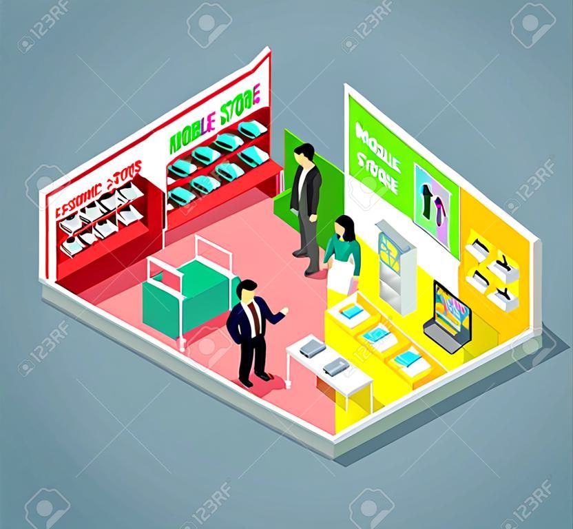 Izometrycznej 3d projektowanie sklepu mobilnego. Komórka zakupy, sklep elektroniczny, sklep telefonu, telefonu komórkowego sklep, sklep i kupić, sprzedaż elektroniczna, ilustracja zakupu produktu