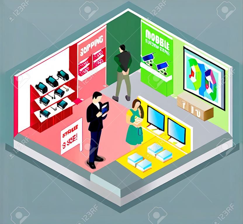 아이소 메트릭 3D 모바일 매장 디자인. 모바일 쇼핑, 전자 제품 매장, 전화 매장, 휴대 전화 매장, 쇼핑 및 구매, 판매, 전자, 구매 제품의 그림