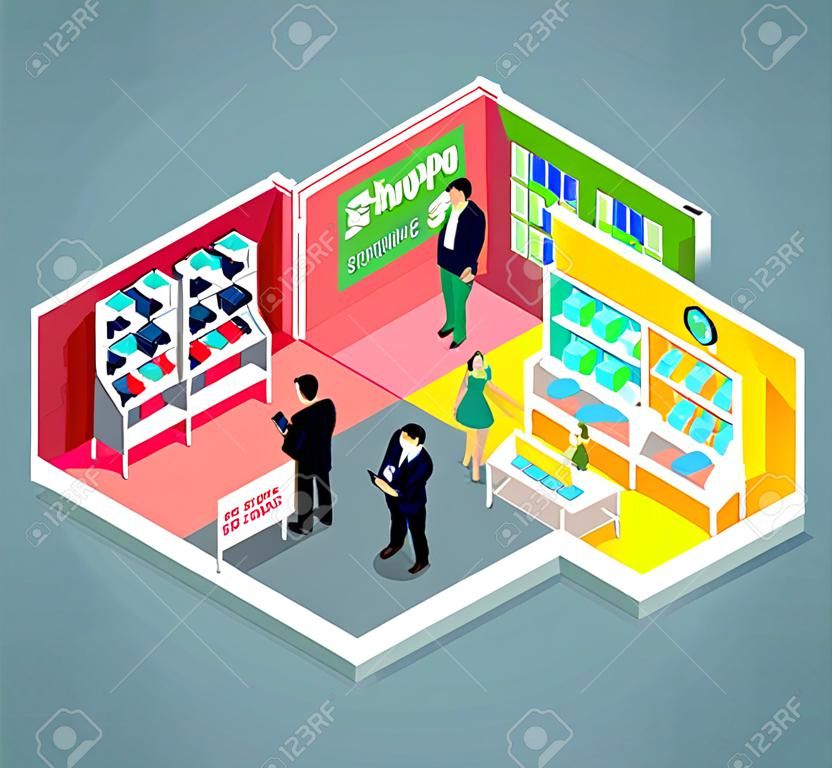 Die isometrische 3D-Handy Store-Design. Mobile Shopping, Elektronik-Geschäft, Handy Shop, Handy-Laden, Geschäft, kaufen, verkaufen Elektronik, Kaufproduktabbildung